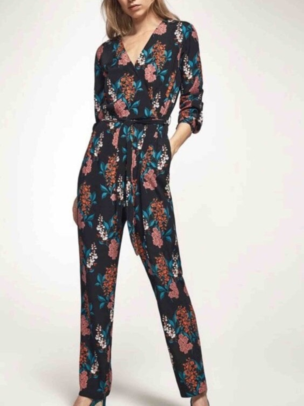 Massimo Dutti Black Floral V-Neck Jumpsuit with Pink & Teal Flowers